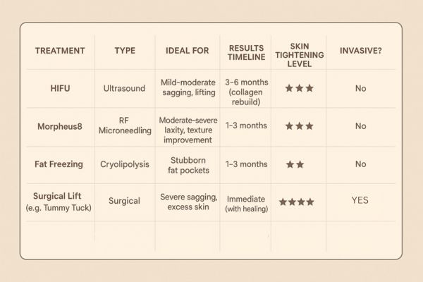 Table showing the comparisons of Skin tightening Hedge End treatment options.